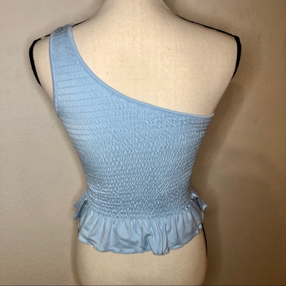 Gaze Baby Blue Ruffle One Shoulder Stretchy Peplum Blouse Top Size S - Picture 3 of 5